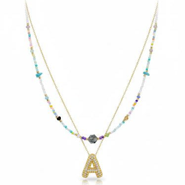 Double Layered Puffy colorful Letter & Pearls Necklace