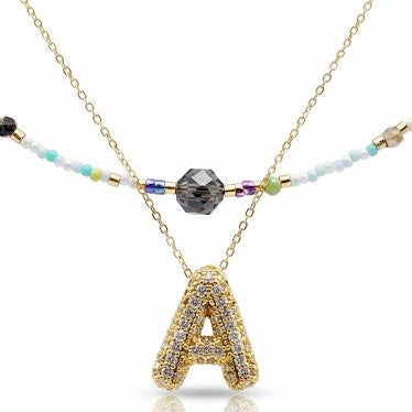 Double Layered Puffy colorful Letter & Pearls Necklace