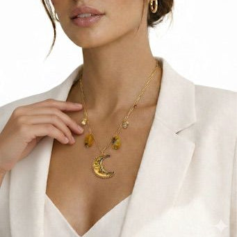 Crescent Moon Agate Stone & Crystal Necklace