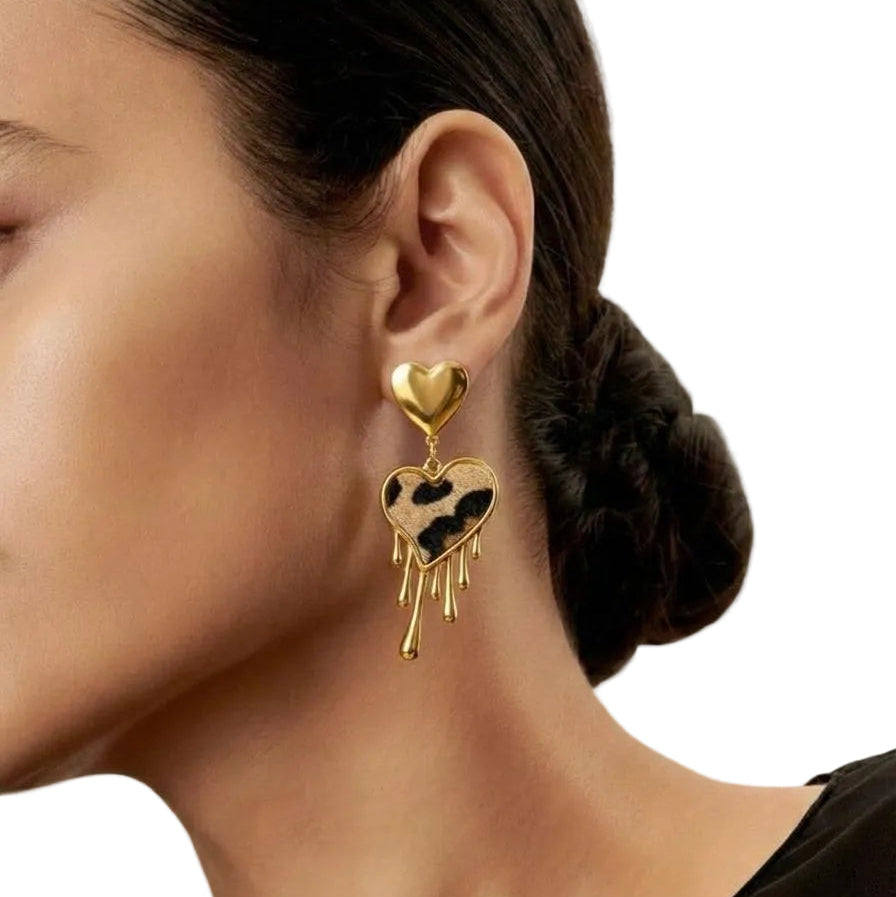 Dripping Heart Leopard Print Earrings