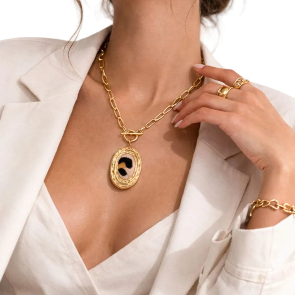 Leopard Print Oval Necklace With T-Lock