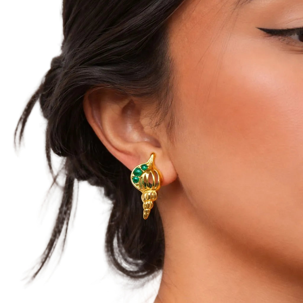 Gold Shell & Green Stone Stud Earrings