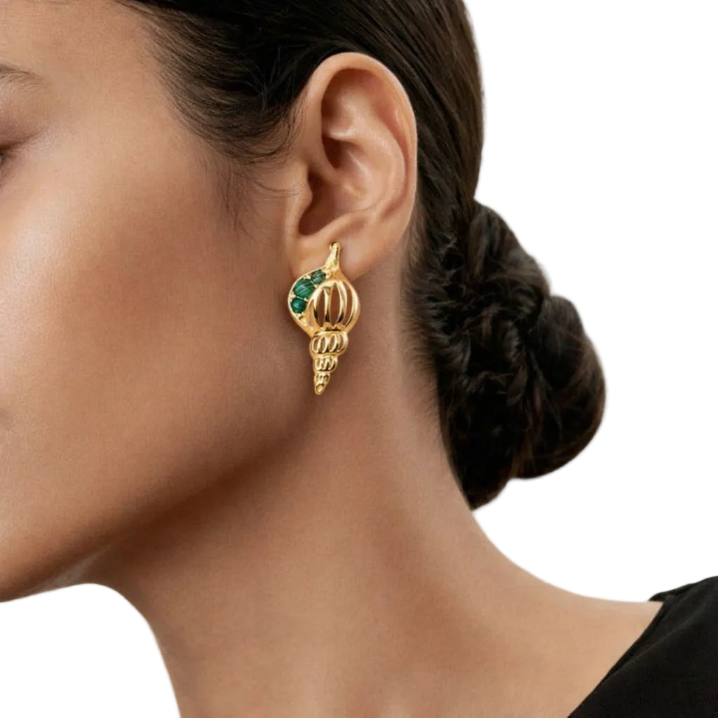 Gold Shell & Green Stone Stud Earrings