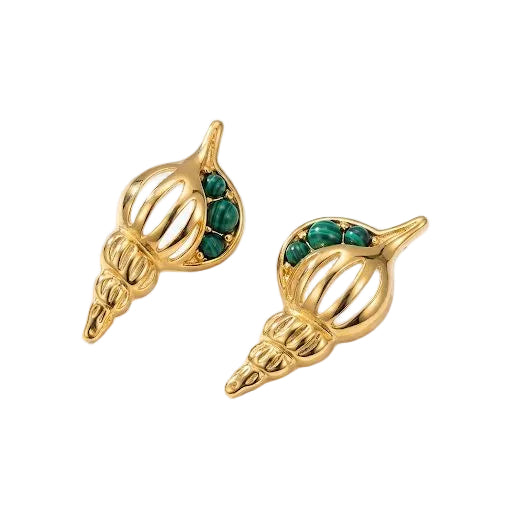 Gold Shell & Green Stone Stud Earrings