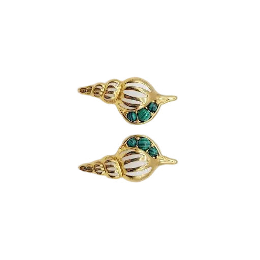 Gold Shell & Green Stone Stud Earrings