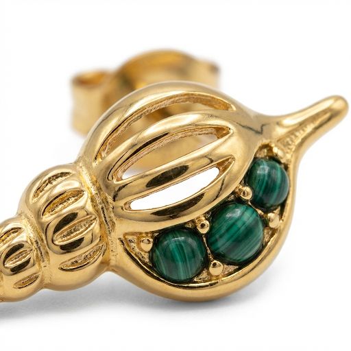 Gold Shell & Green Stone Stud Earrings