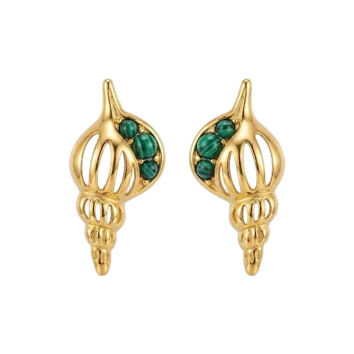 Gold Shell & Green Stone Stud Earrings