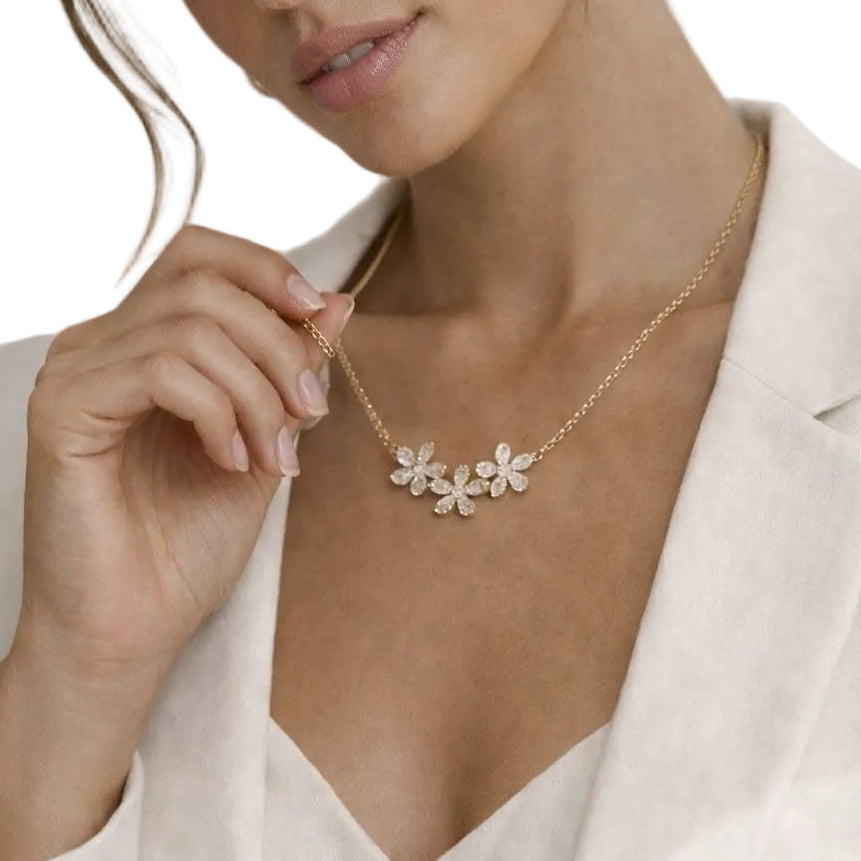 Triple Pearl Golden Flower Necklace
