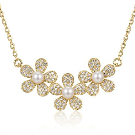 Triple Pearl Golden Flower Necklace