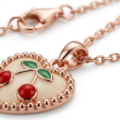 Rose Gold Heart Pendant Necklace with Cherry