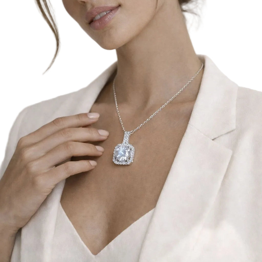 Sliver Square Halo Pendant Necklace