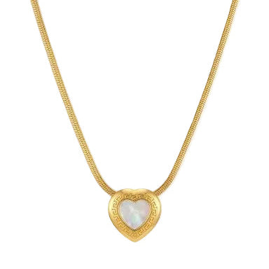 White Elegant Heart Pendant Necklace With Herringbone Chain