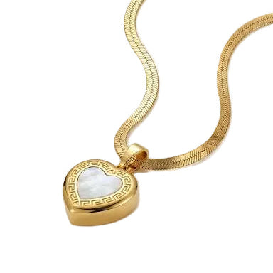 White Elegant Heart Pendant Necklace With Herringbone Chain