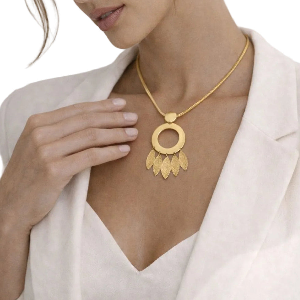 Circular Necklace with Five Textured Leaf Charms