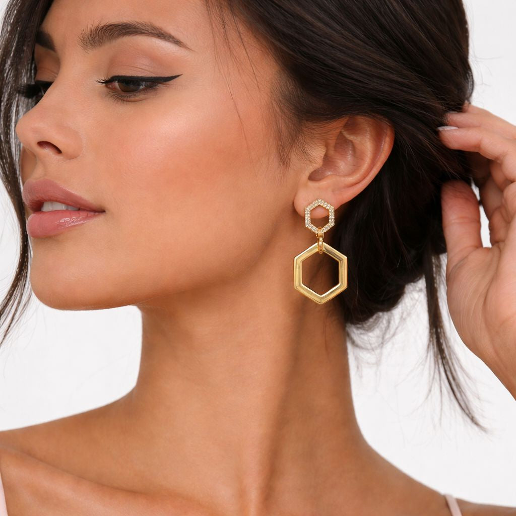 Double Hexagon Geometric Drop Earrings