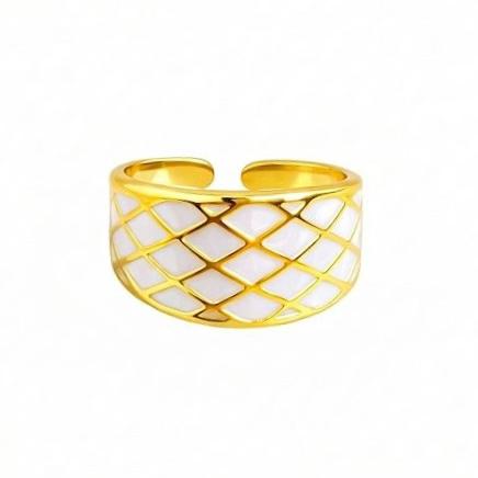 White Enamel &  Gold Wide Geometric Ring