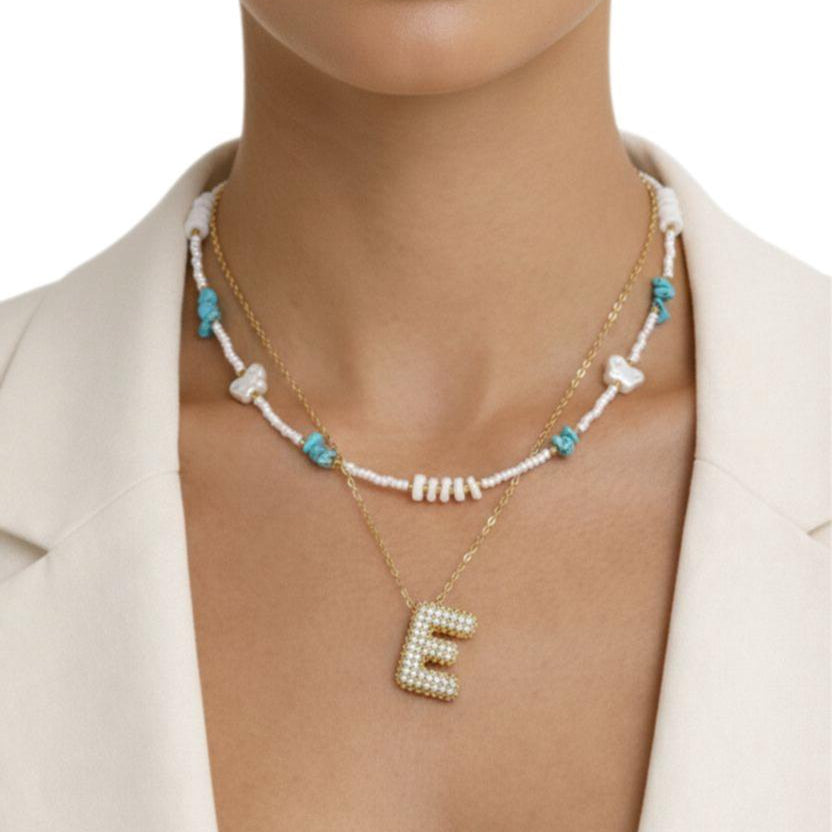 Double Layered Puffy Iced Letter & Pearls Necklacee
