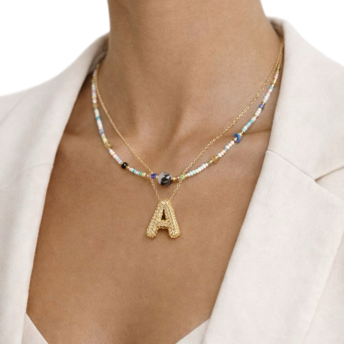 Double Layered Puffy colorful Letter & Pearls Necklace