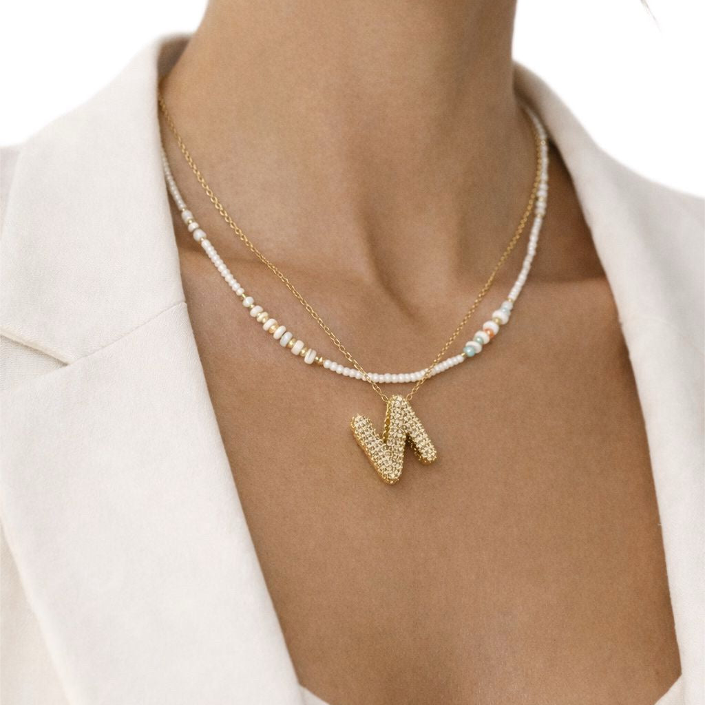 Double Layered Puffy Letter & Pearls Necklace