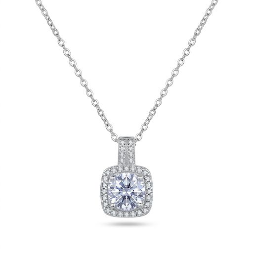 Sliver Square Halo Pendant Necklace