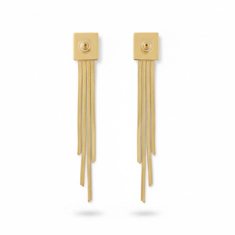 Square Geometric Studs with Long Chain Fringe