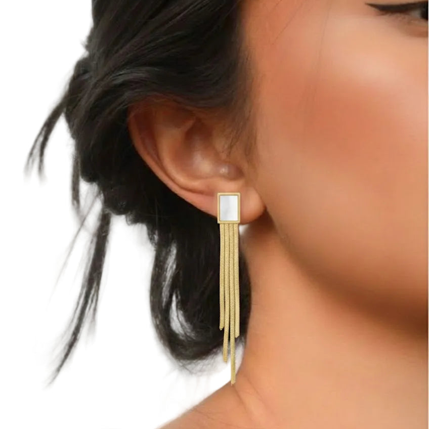 Square Geometric Studs with Long Chain Fringe