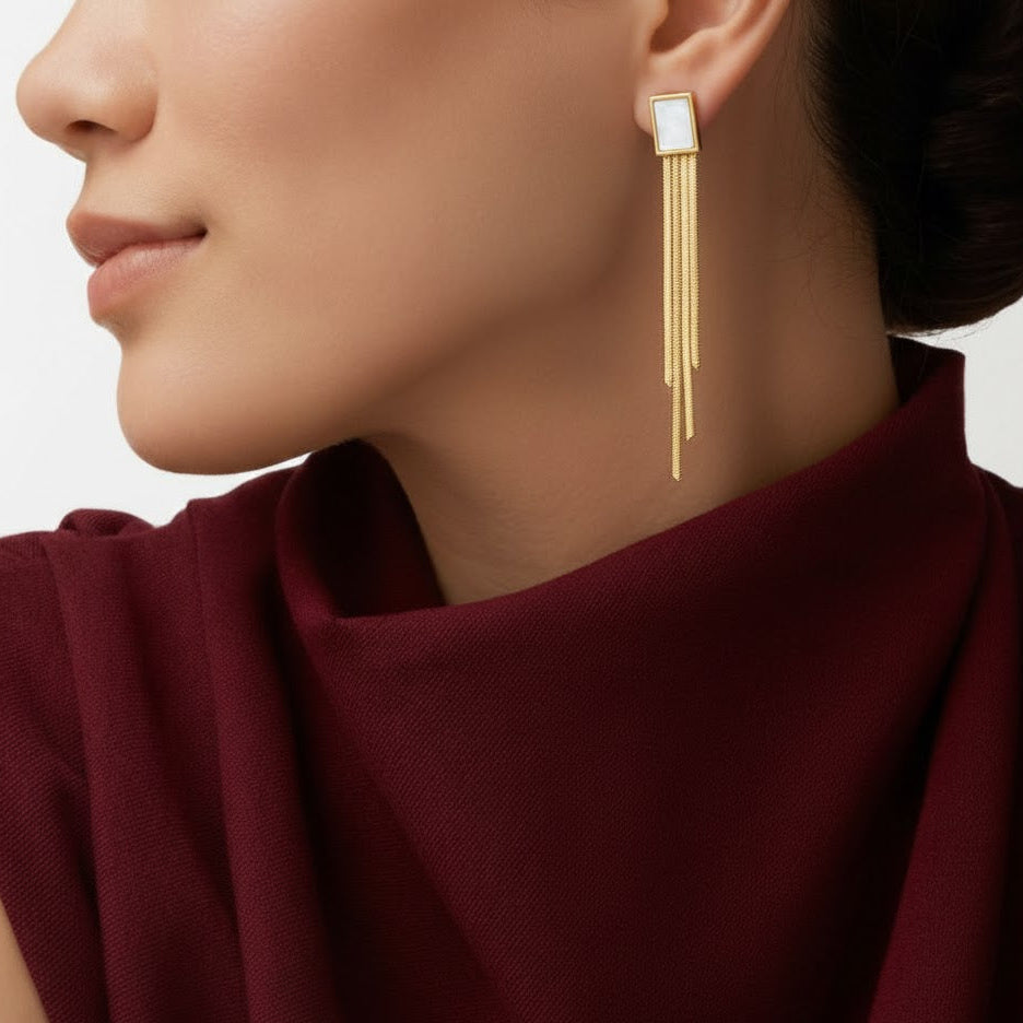 Square Geometric Studs with Long Chain Fringe