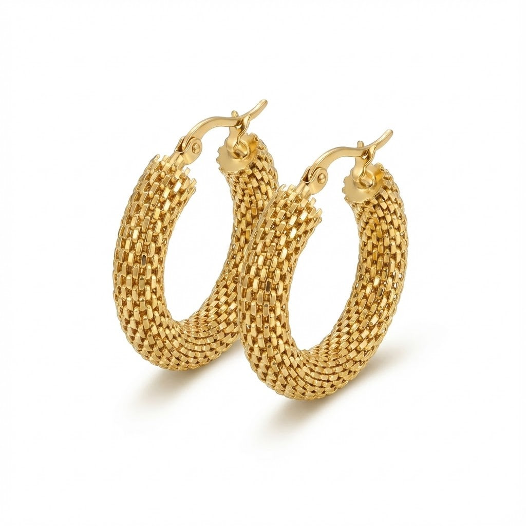 Textured Gold Grid Hoops