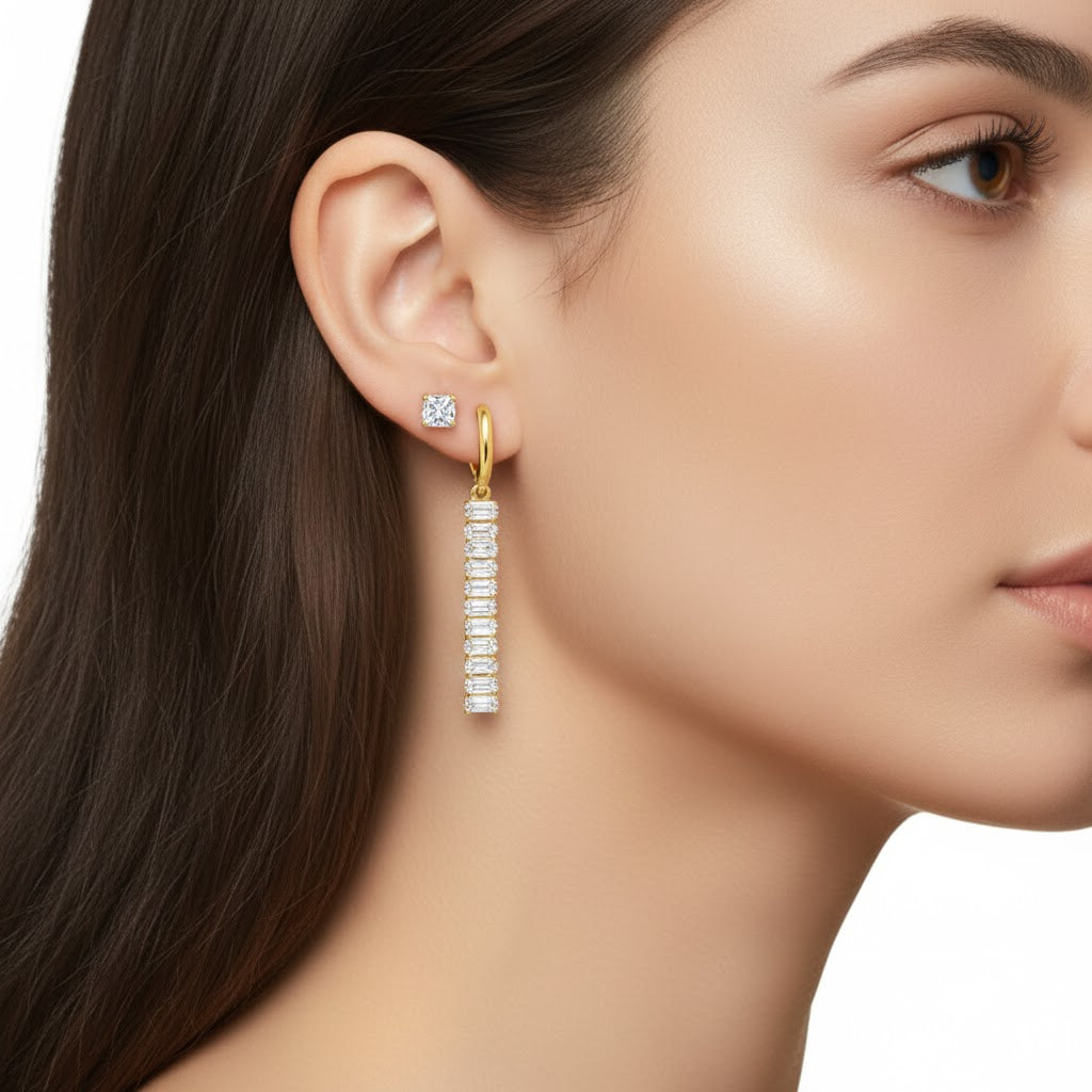 Elegant Diamond and Baguette Drop Earrings