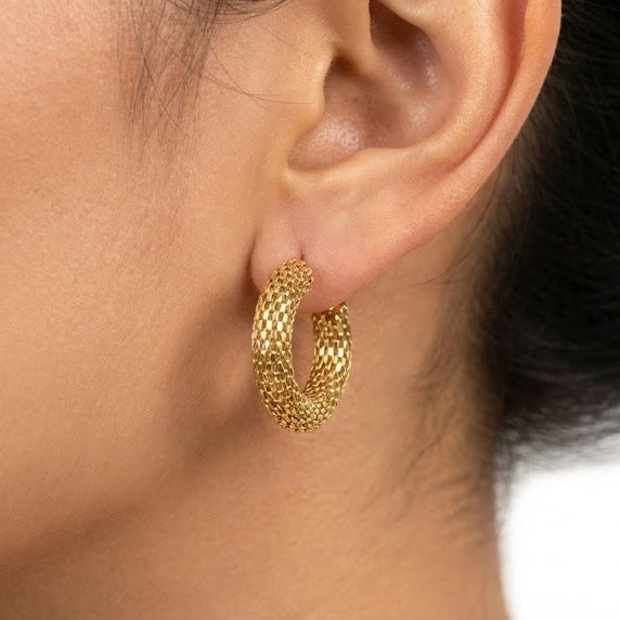Textured Gold Grid Hoops